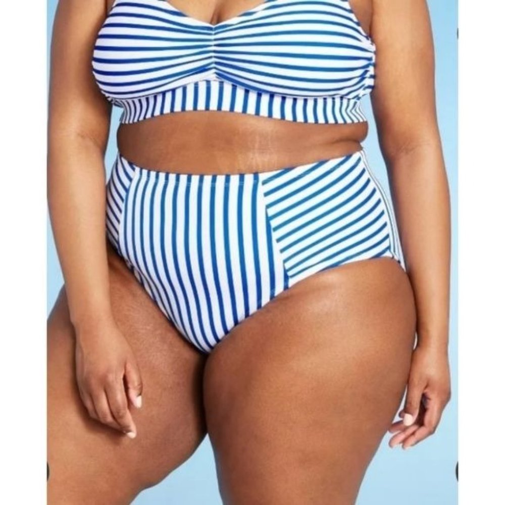 Kona Sol Blue & White Striped High Waist Slimming Bikini Bottoms